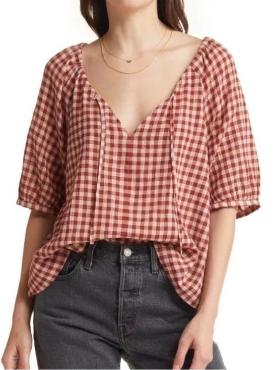 Treasure & Bond Tops - New Large Treasure & Bond Red Gingham Checkered  Tie Front Top